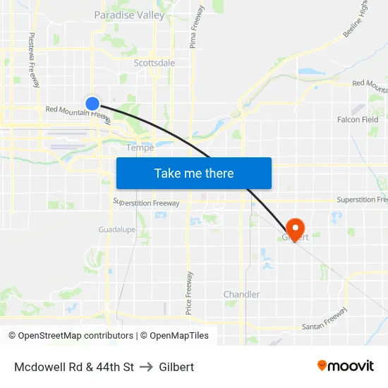 Mcdowell Rd & 44th St to Gilbert map