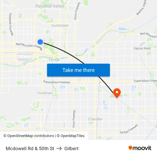 Mcdowell Rd & 50th St to Gilbert map