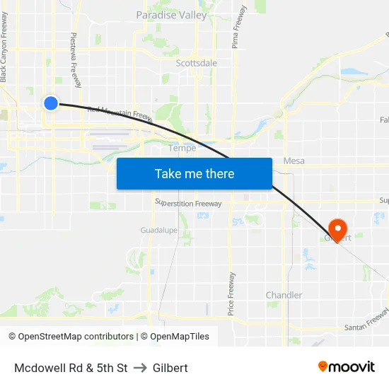 Mcdowell Rd & 5th St to Gilbert map