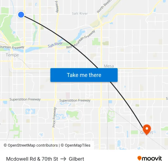 Mcdowell Rd & 70th St to Gilbert map