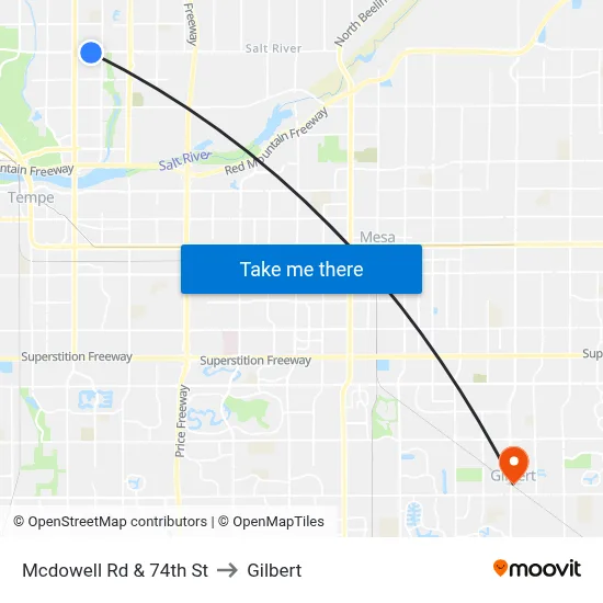 Mcdowell Rd & 74th St to Gilbert map