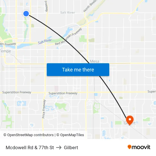 Mcdowell Rd & 77th St to Gilbert map