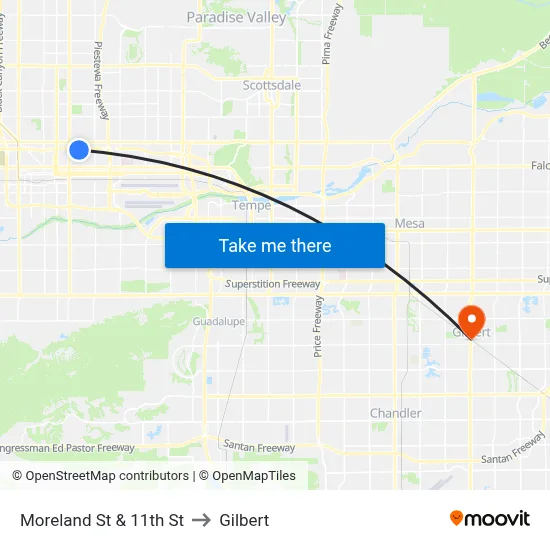 Moreland St & 11th St to Gilbert map
