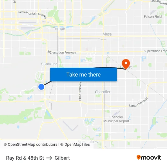 Ray Rd & 48th St to Gilbert map
