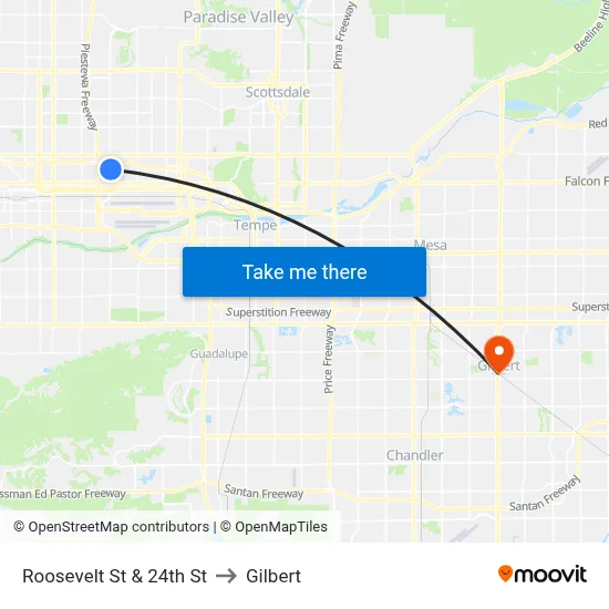 Roosevelt St & 24th St to Gilbert map