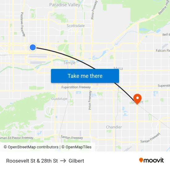Roosevelt St & 28th St to Gilbert map