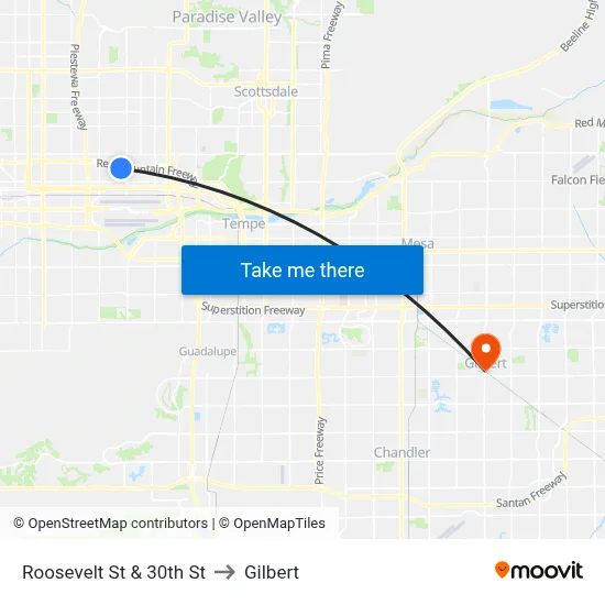 Roosevelt St & 30th St to Gilbert map