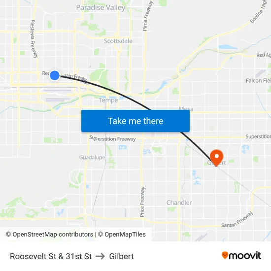 Roosevelt St & 31st St to Gilbert map