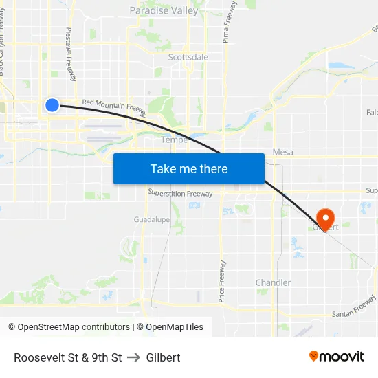 Roosevelt St & 9th St to Gilbert map