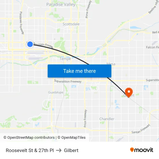 Roosevelt St & 27th Pl to Gilbert map