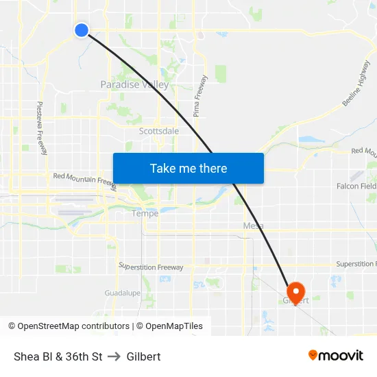 Shea Bl & 36th St to Gilbert map