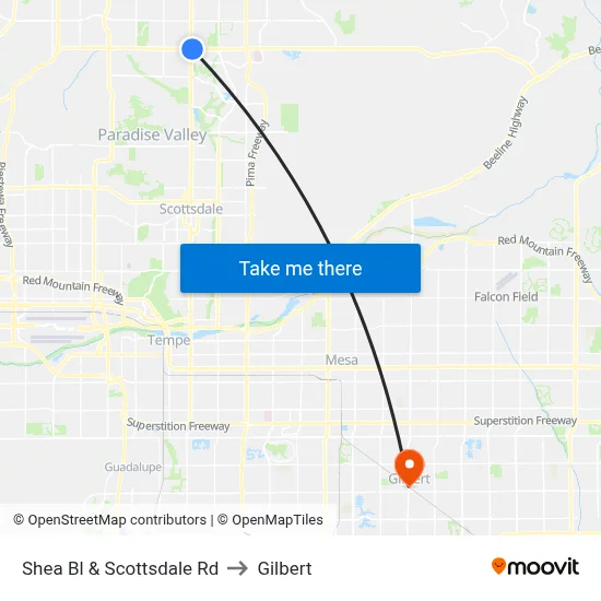 Shea Bl & Scottsdale Rd to Gilbert map