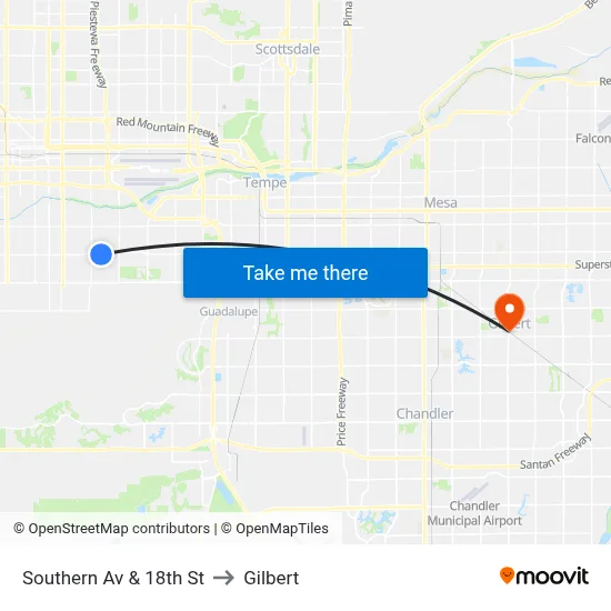 Southern Av & 18th St to Gilbert map