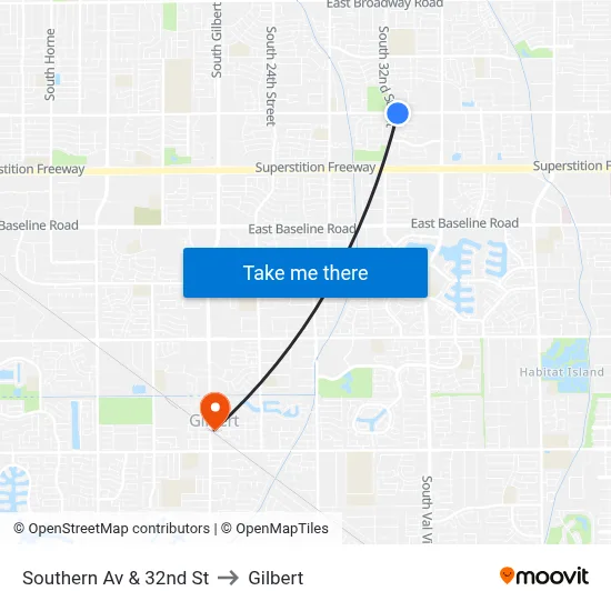 Southern Av & 32nd St to Gilbert map