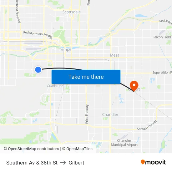 Southern Av & 38th St to Gilbert map