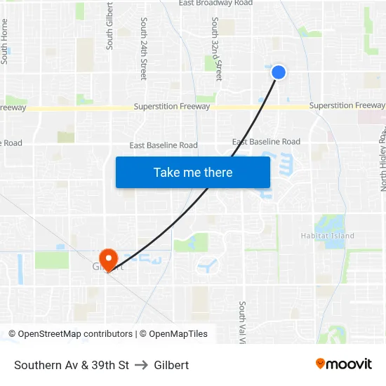 Southern Av & 39th St to Gilbert map