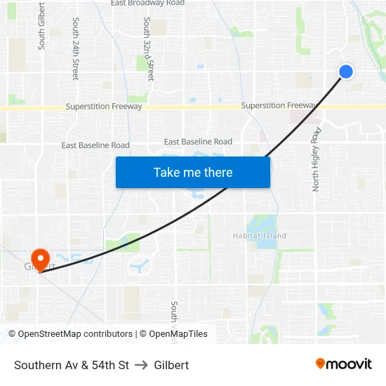 Southern Av & 54th St to Gilbert map