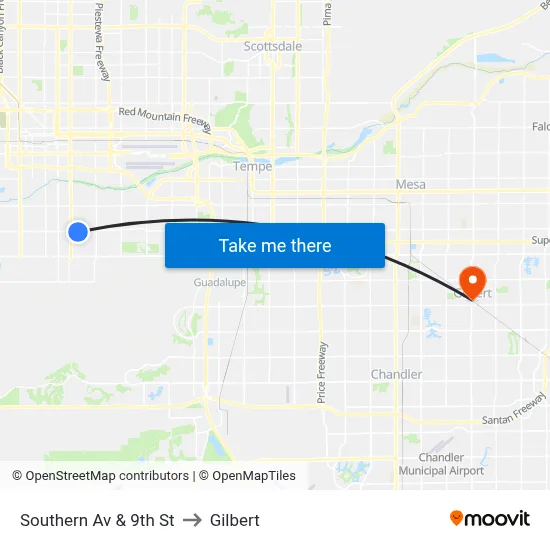 Southern Av & 9th St to Gilbert map