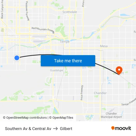 Southern Av & Central Av to Gilbert map