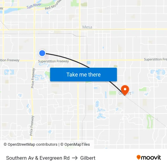 Southern Av & Evergreen Rd to Gilbert map
