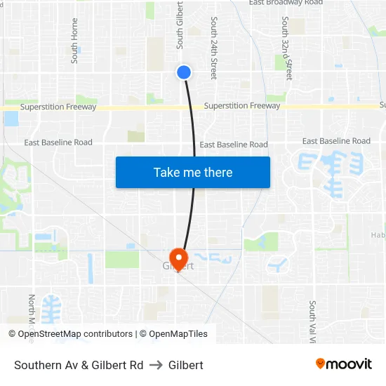 Southern Av & Gilbert Rd to Gilbert map