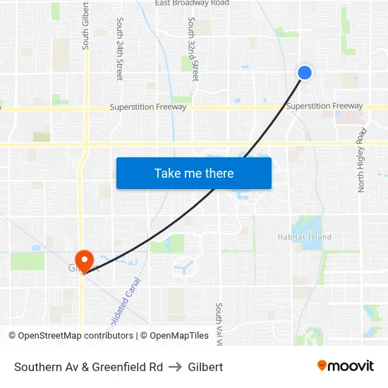 Southern Av & Greenfield Rd to Gilbert map