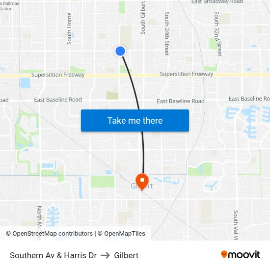 Southern Av & Harris Dr to Gilbert map