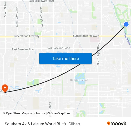 Southern Av & Leisure World Bl to Gilbert map