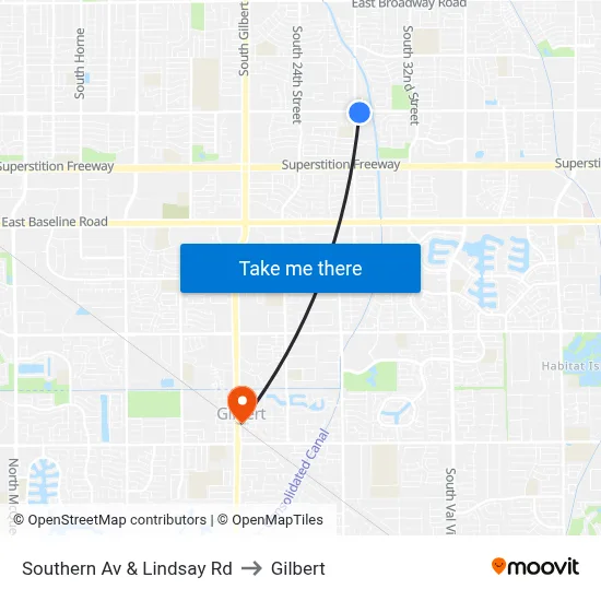 Southern Av & Lindsay Rd to Gilbert map