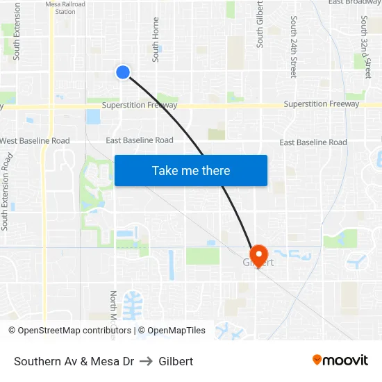 Southern Av & Mesa Dr to Gilbert map