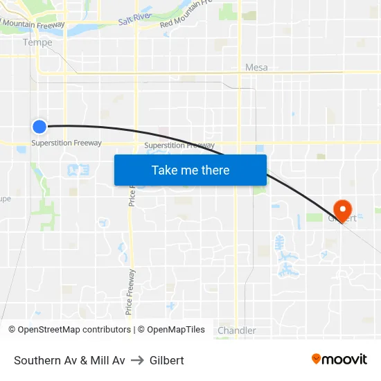 Southern Av & Mill Av to Gilbert map