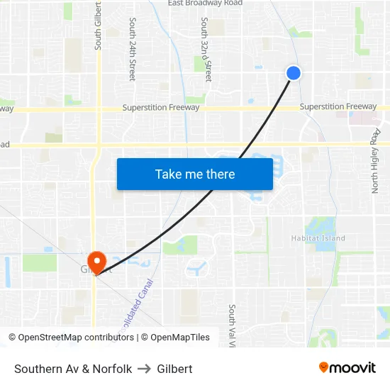 Southern Av & Norfolk to Gilbert map