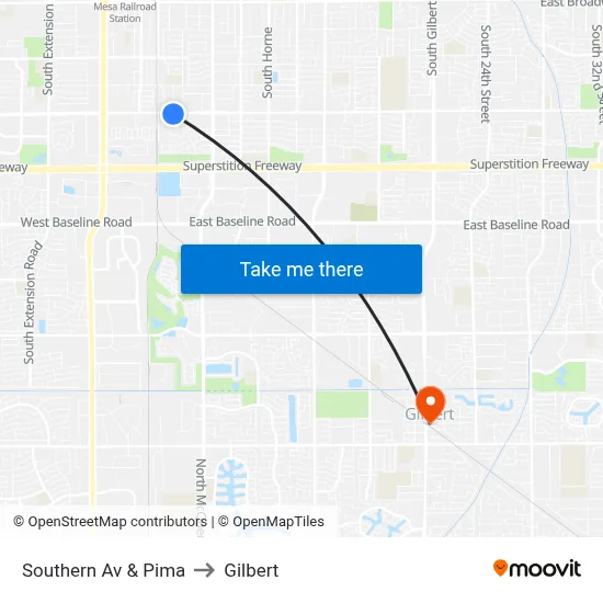 Southern Av & Pima to Gilbert map