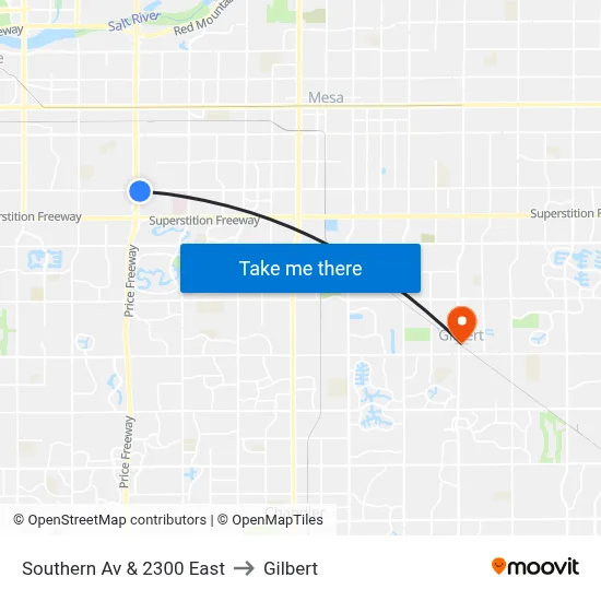 Southern Av & 2300 East to Gilbert map