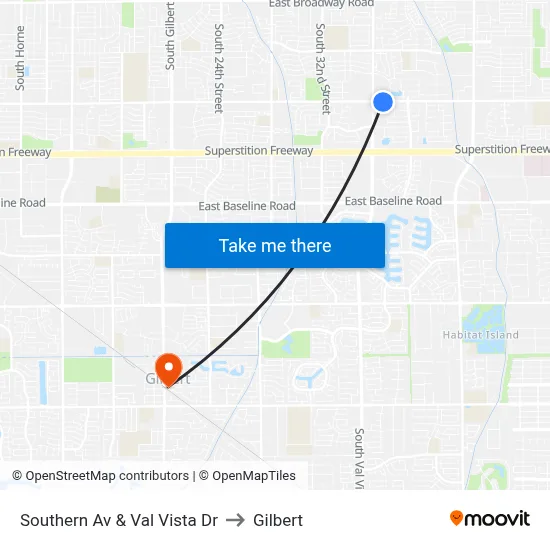 Southern Av & Val Vista Dr to Gilbert map