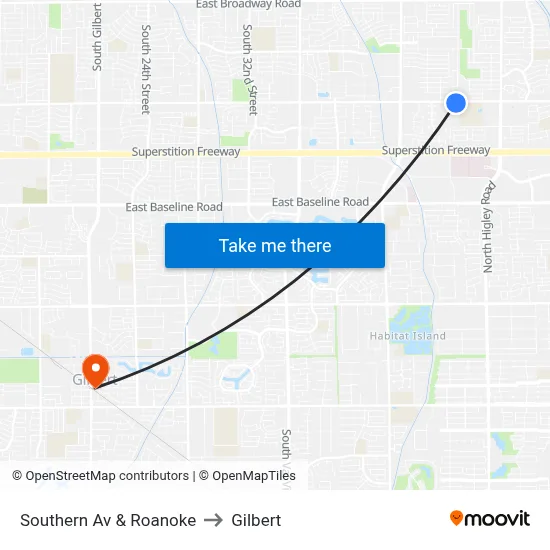 Southern Av & Roanoke to Gilbert map