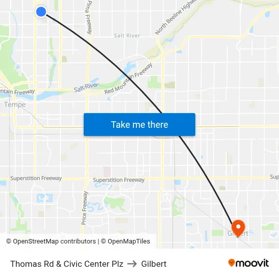 Thomas Rd & Civic Center Plz to Gilbert map