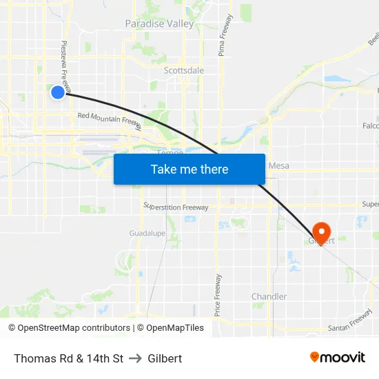 Thomas Rd & 14th St to Gilbert map
