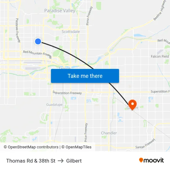 Thomas Rd & 38th St to Gilbert map