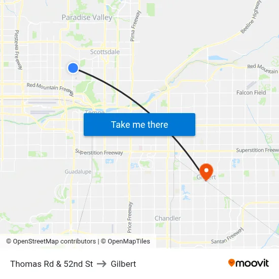 Thomas Rd & 52nd St to Gilbert map