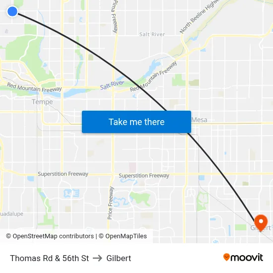 Thomas Rd & 56th St to Gilbert map