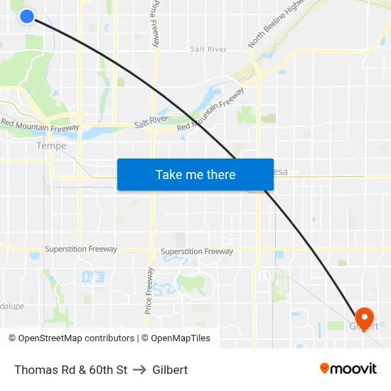 Thomas Rd & 60th St to Gilbert map