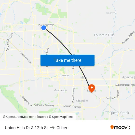 Union Hills Dr & 12th St to Gilbert map