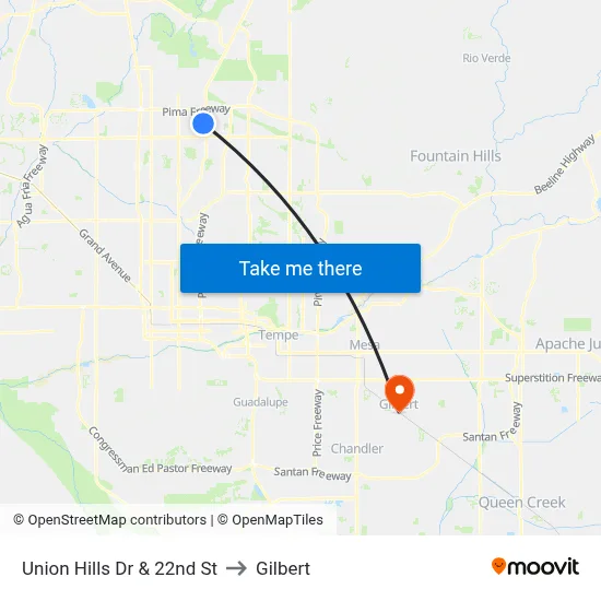 Union Hills Dr & 22nd St to Gilbert map