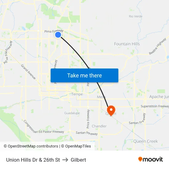 Union Hills Dr & 26th St to Gilbert map