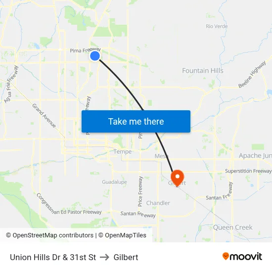 Union Hills Dr & 31st St to Gilbert map
