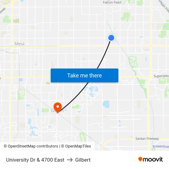 University Dr & 4700 East to Gilbert map