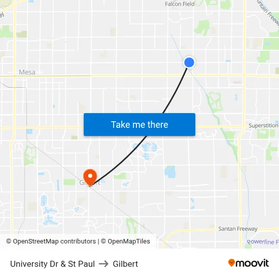 University Dr & St Paul to Gilbert map