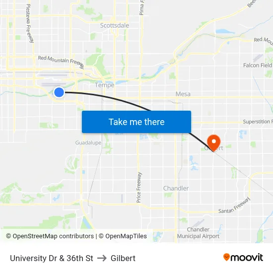 University Dr & 36th St to Gilbert map
