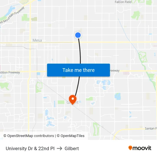 University Dr & 22nd Pl to Gilbert map